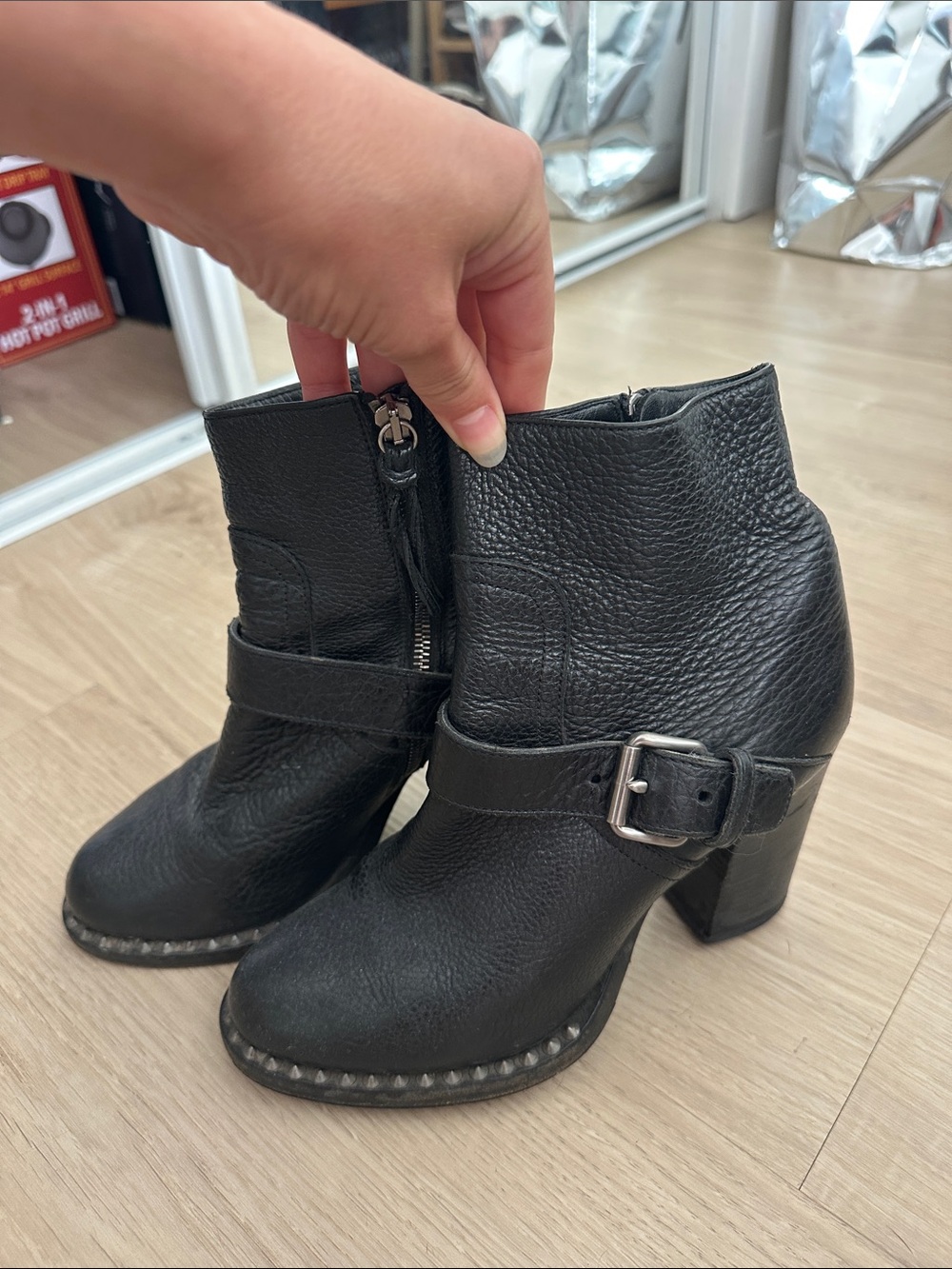 MIU MIU Black Leather Ankle Boots with Buckle Detail